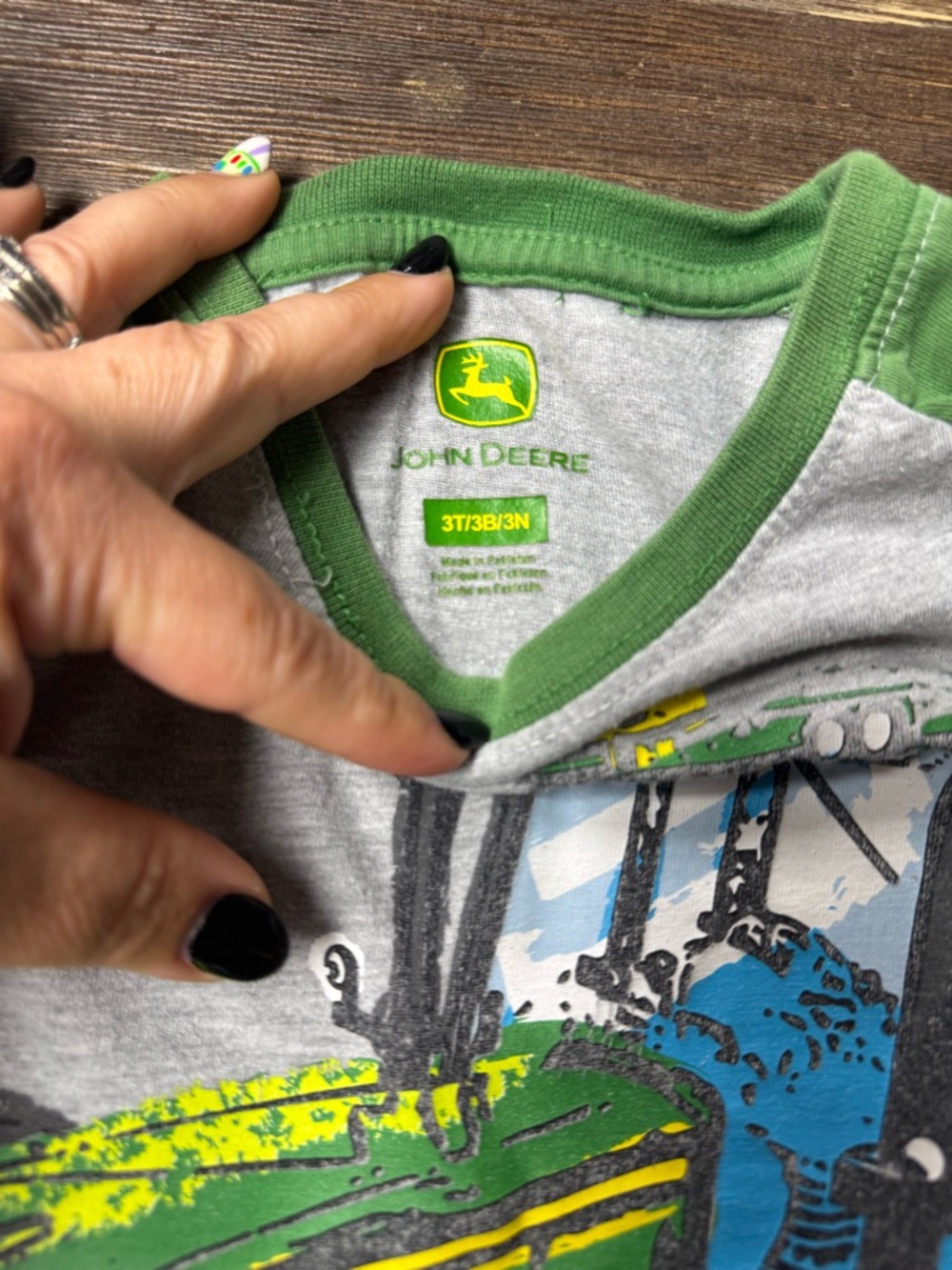 John Deere Gray Tee with Green Trim and Multicolor Tractor Graphic